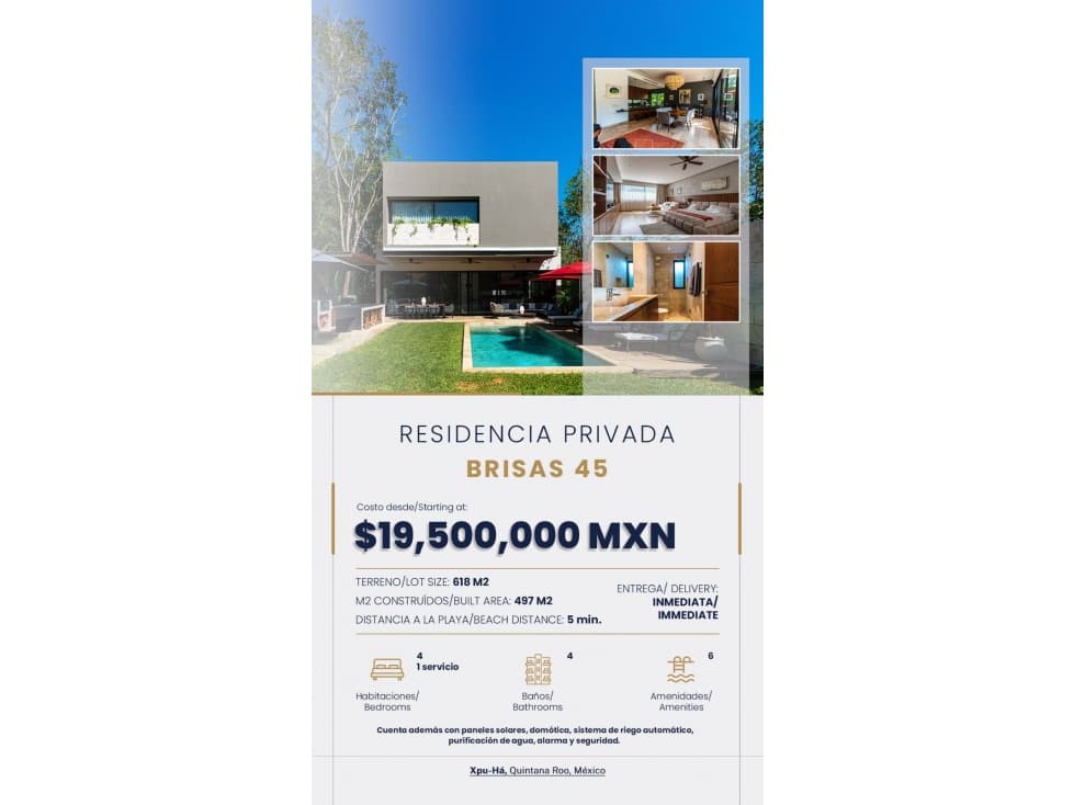 VENTA DE RESIDENCIA PRIVADA BRISAS 45 XPU-HÁ, QUINTANA ROO - 1