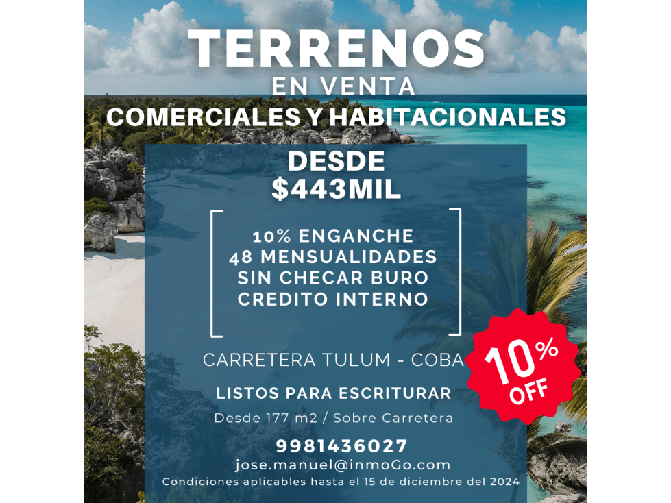 Lote Comercial-Habitacional C Tulum-Cobà 177 m2 $443mil - 1