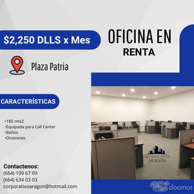 RENTAMOS BONITAS OFICINAS de LUJO EQUIPADAS PARA CALL CENTER de 185 Mts 2 en PLAZA PATRIA - 1