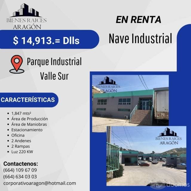 RENTAMOS PRECIOSA BODEGA - NAVE INDUSTRIAL 1,847 mts² ó 19,885 pies² NUEVA - 1