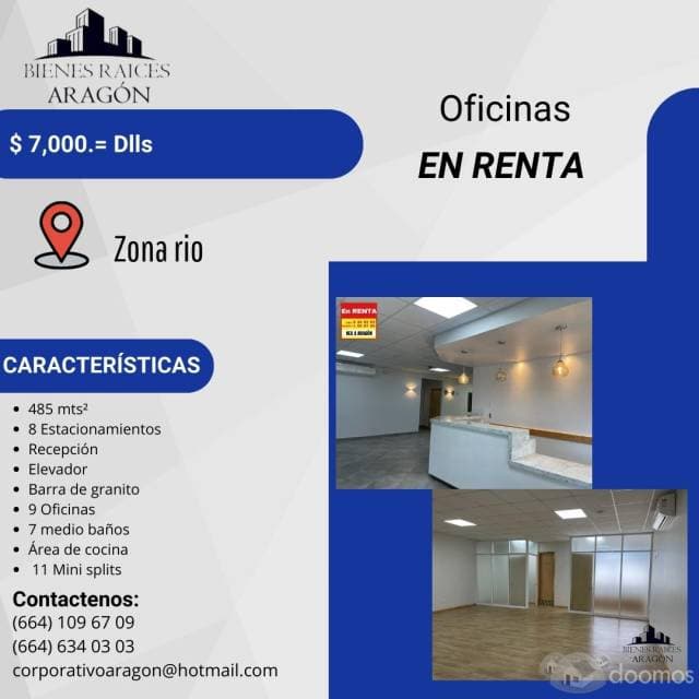 RENTAMOS MAGNIFICAS OFICNAS DE 485 mts² EN ZONA RIO CERCA DEL CECUT EN LA MEJOR AREA DE ZONA RIO. - 1