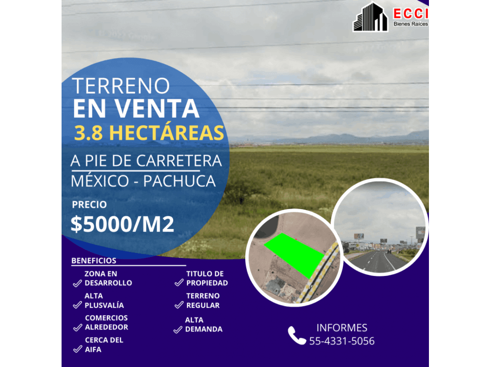 TERRENO EN VENTA 3.8 HA CARRETERA MÉXICO - PACHUCA - 1